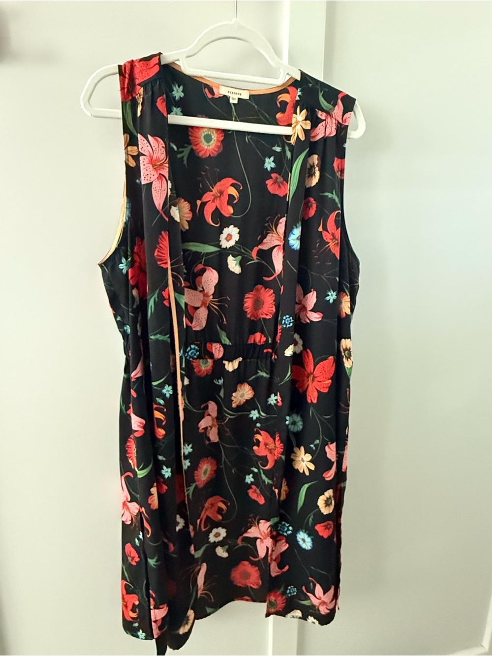 Pleione Black Sleeveless Duster Vest with Red & Pink Floral Print